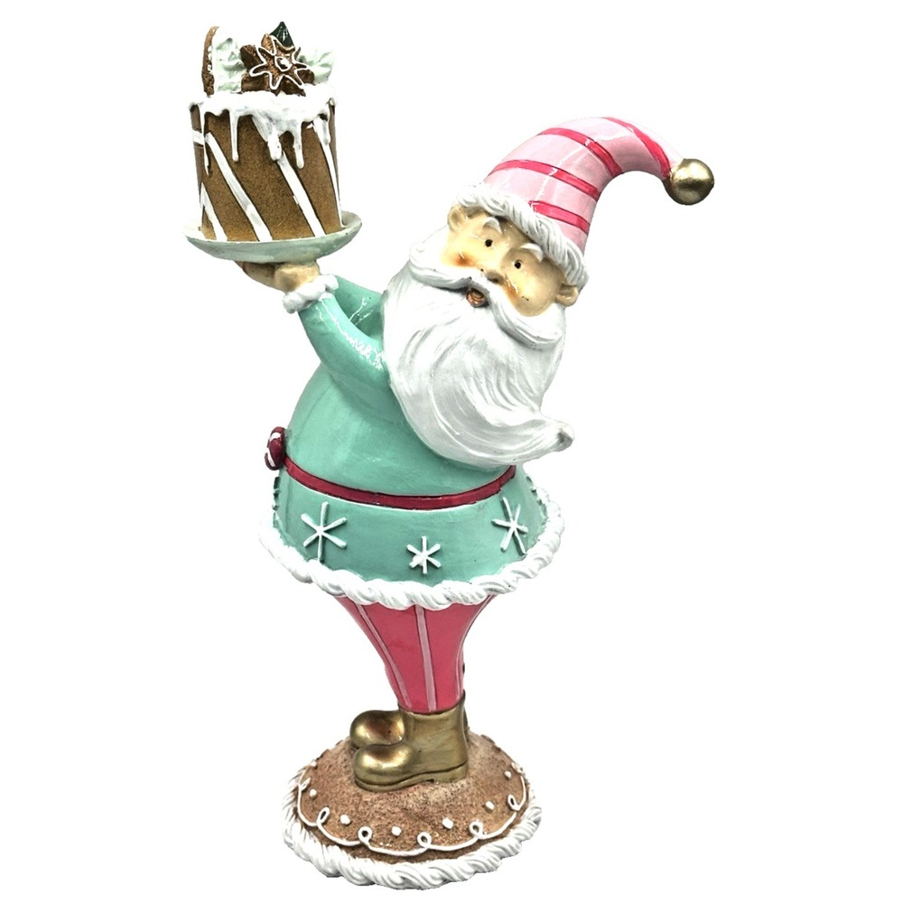 Peppermint Square Santa Figurine Holding Cake Figurine Pink Mint Christmas Decor